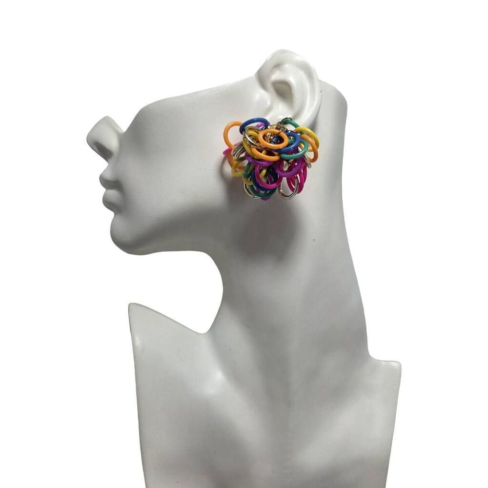 1980s Colorful Interlocking Ring Statement Clip-On Earrings